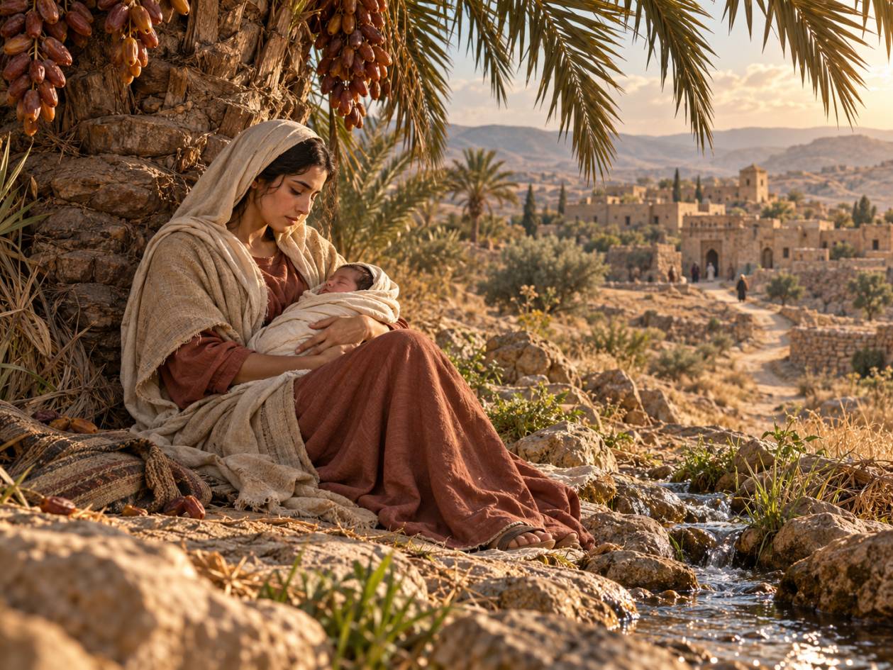 Maryam sotto la palma da datteri